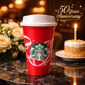 Starbucks 2021 Red and White Holiday Reusable 50 Year Anniversary Tumbler
